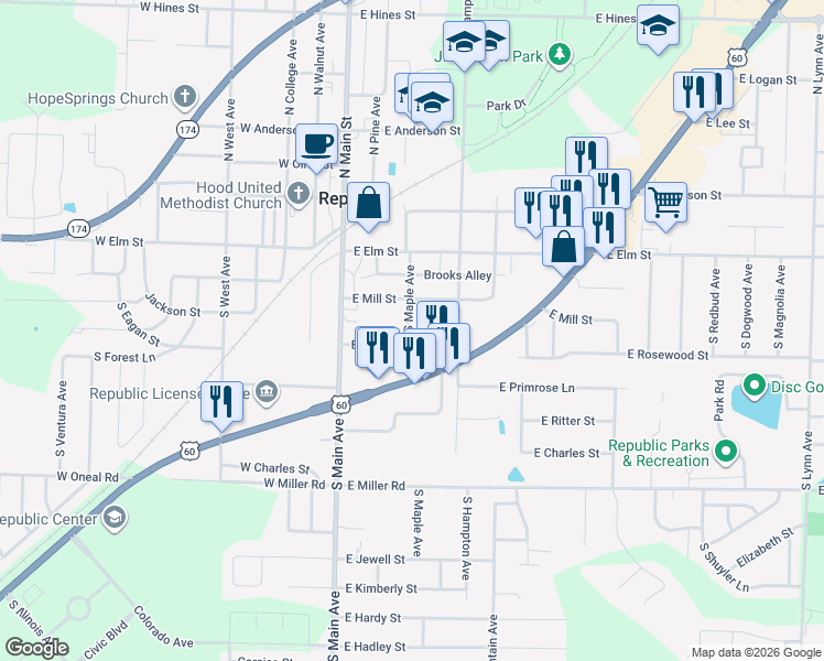 map of restaurants, bars, coffee shops, grocery stores, and more near 143 East Brooks Street in Republic