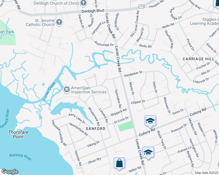map of restaurants, bars, coffee shops, grocery stores, and more near 128 Kittywake Drive in Newport News