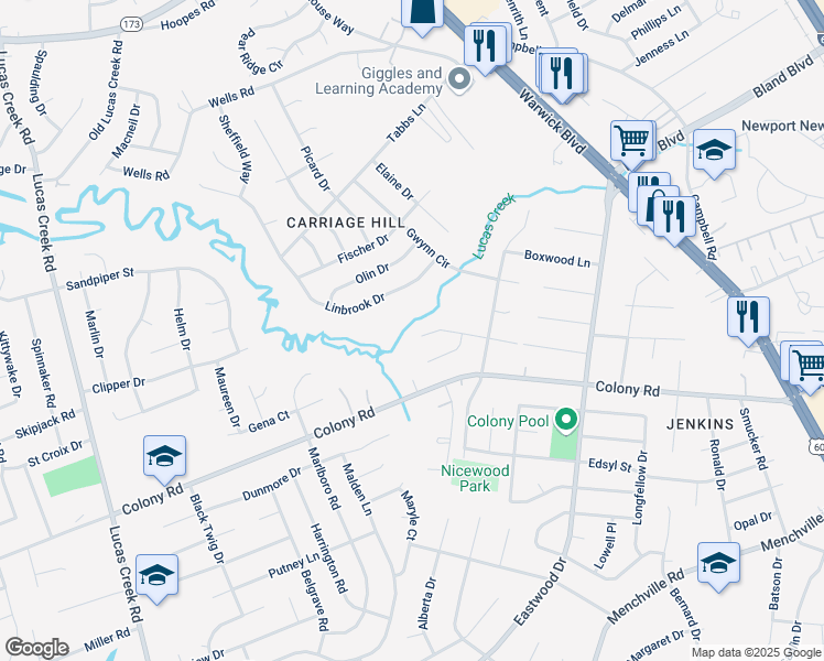 map of restaurants, bars, coffee shops, grocery stores, and more near 120 Sylvia Lane in Newport News
