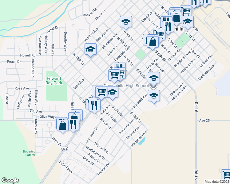map of restaurants, bars, coffee shops, grocery stores, and more near 1165 Robertson Boulevard in Chowchilla