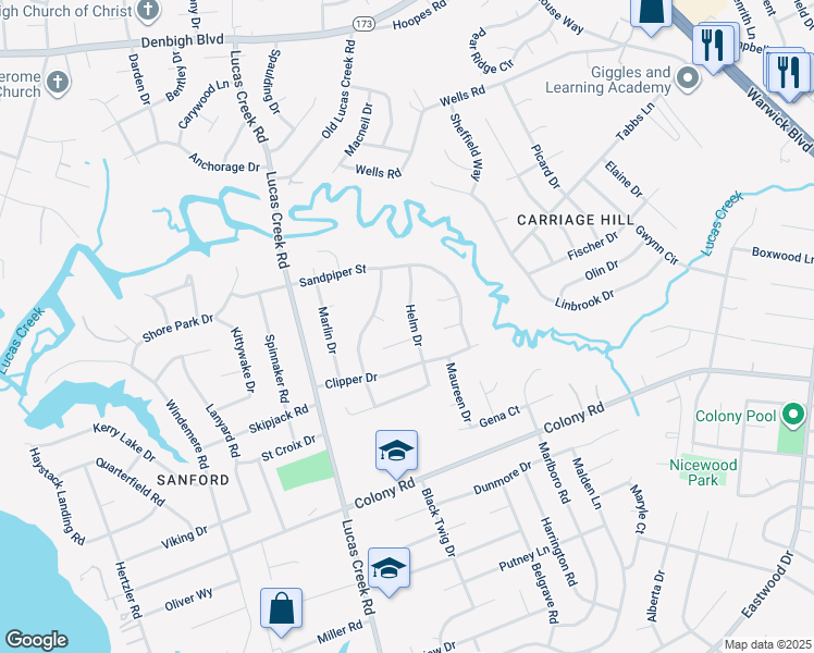 map of restaurants, bars, coffee shops, grocery stores, and more near 519 Helm Drive in Newport News