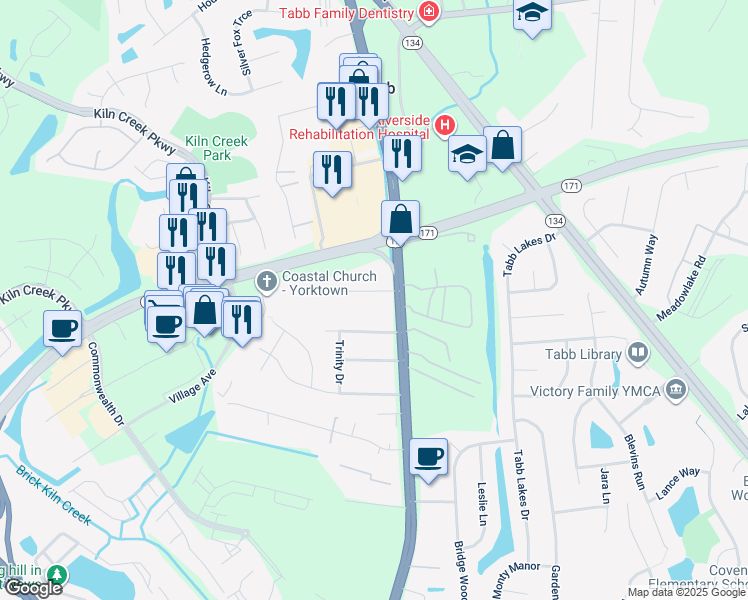 map of restaurants, bars, coffee shops, grocery stores, and more near 105 Byrd Lane in Yorktown