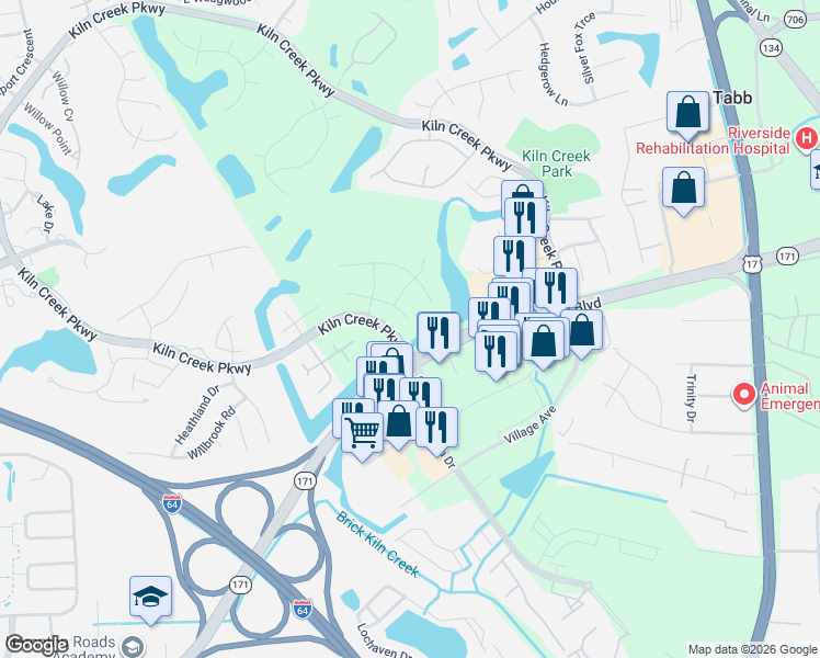 map of restaurants, bars, coffee shops, grocery stores, and more near 101 Barrington Lane in Yorktown