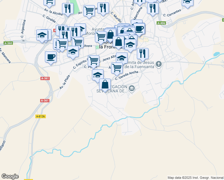 map of restaurants, bars, coffee shops, grocery stores, and more near 125 Calle de los Arrieros in Morón de la Frontera