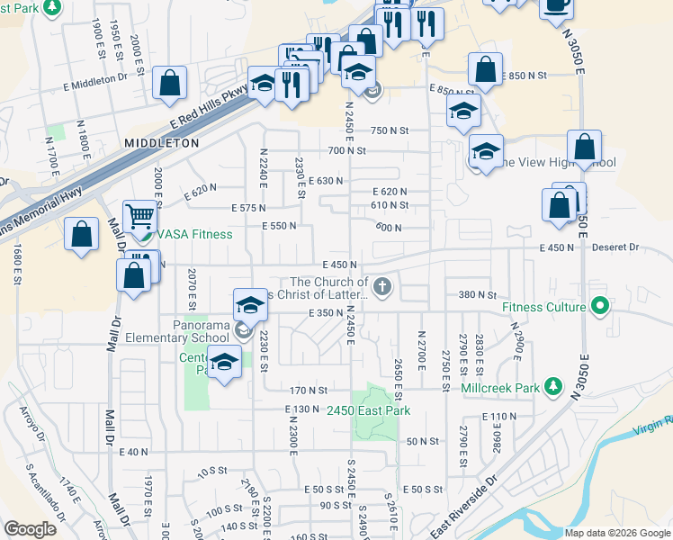 map of restaurants, bars, coffee shops, grocery stores, and more near 2407 East 440 North Circle in St. George