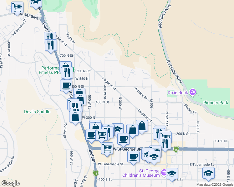 map of restaurants, bars, coffee shops, grocery stores, and more near 333 Diagonal Street in St. George
