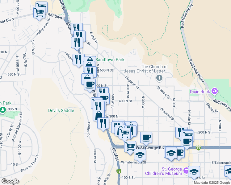 map of restaurants, bars, coffee shops, grocery stores, and more near 450 500 West Street in St. George