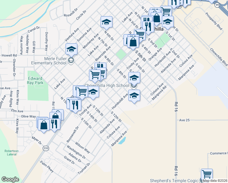 map of restaurants, bars, coffee shops, grocery stores, and more near 260 South 10th Street in Chowchilla