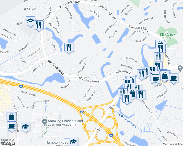 map of restaurants, bars, coffee shops, grocery stores, and more near 937 Backspin Court in Newport News