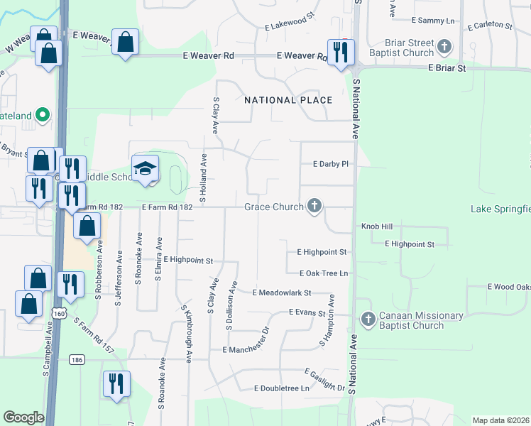 map of restaurants, bars, coffee shops, grocery stores, and more near 834 East Farm Road 182 in Springfield