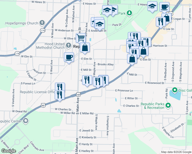 map of restaurants, bars, coffee shops, grocery stores, and more near 225 E Brooks St in Republic