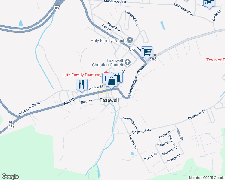 map of restaurants, bars, coffee shops, grocery stores, and more near 145 Main Street in Tazewell