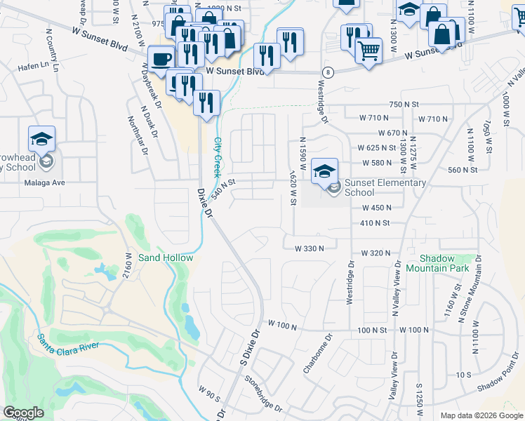 map of restaurants, bars, coffee shops, grocery stores, and more near 1735 West 540 North in St. George