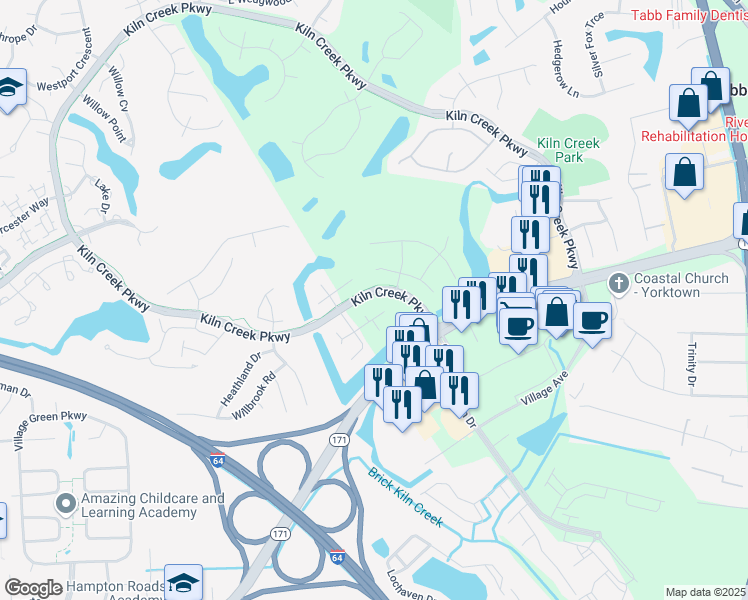 map of restaurants, bars, coffee shops, grocery stores, and more near 818 Grand Bay Cove in Newport News