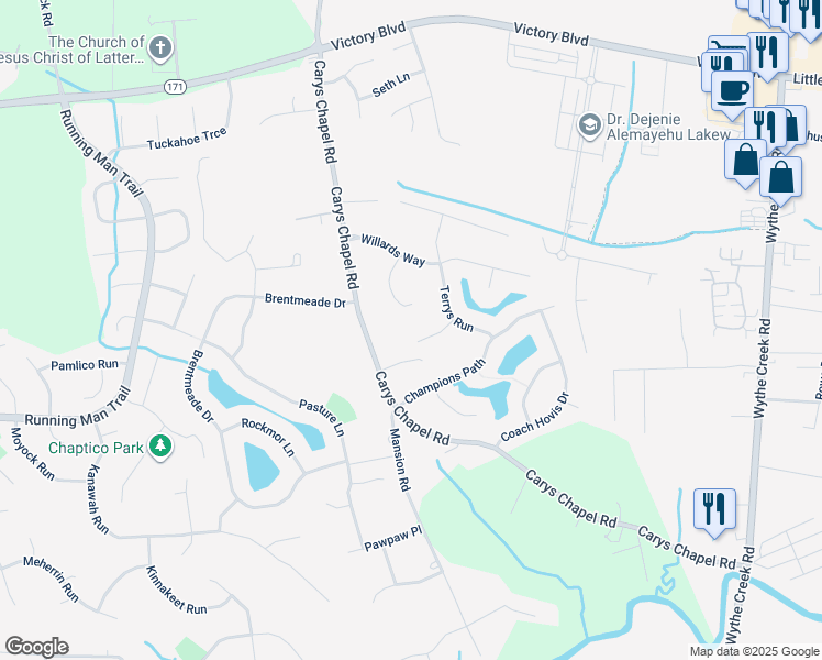 map of restaurants, bars, coffee shops, grocery stores, and more near 108 Waltons Approach in Yorktown