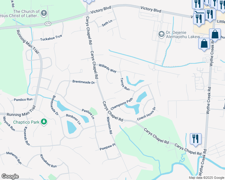 map of restaurants, bars, coffee shops, grocery stores, and more near 108 Waltons Approach in Yorktown