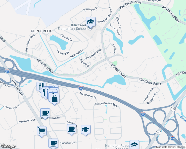 map of restaurants, bars, coffee shops, grocery stores, and more near 824 Lancaster Lane in Newport News
