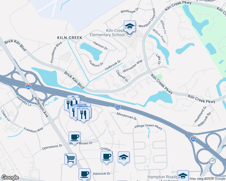 map of restaurants, bars, coffee shops, grocery stores, and more near 783 Windbrook Circle in Newport News