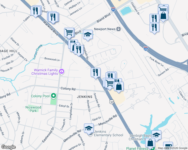 map of restaurants, bars, coffee shops, grocery stores, and more near 13441 Warwick Boulevard in Newport News