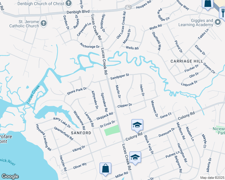 map of restaurants, bars, coffee shops, grocery stores, and more near 517 Marlin Drive in Newport News