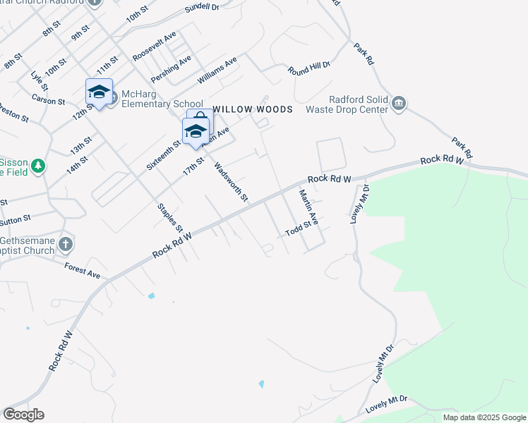 map of restaurants, bars, coffee shops, grocery stores, and more near 1800 Smith Avenue in Radford