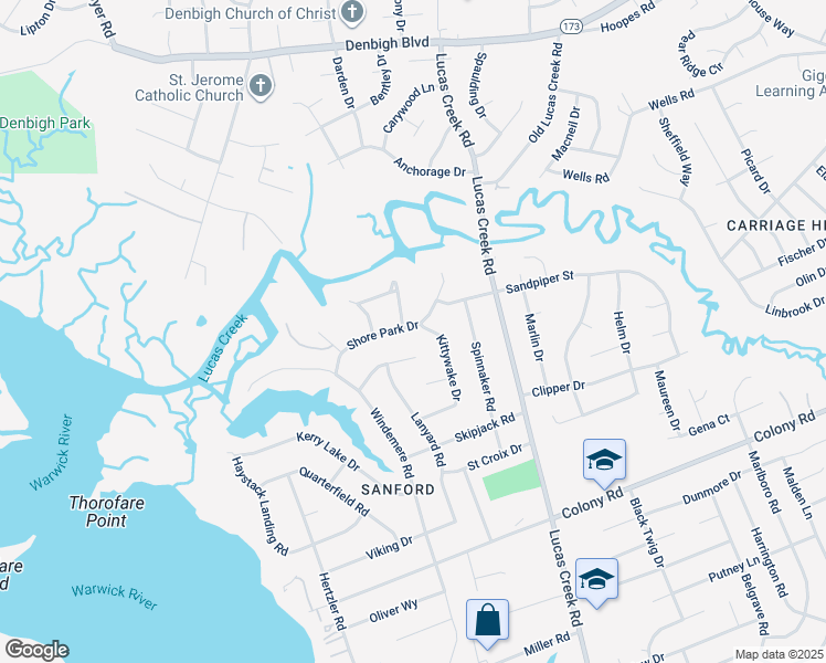 map of restaurants, bars, coffee shops, grocery stores, and more near 15 Shore Park Drive in Newport News