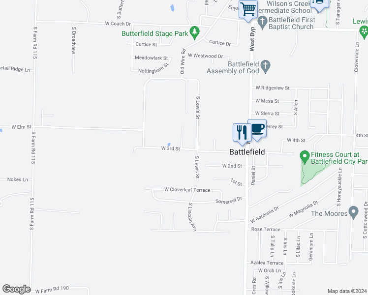 map of restaurants, bars, coffee shops, grocery stores, and more near 5424 South Hutchinson Court in Battlefield