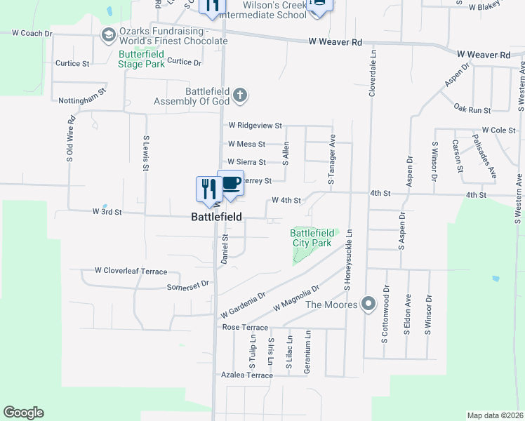 map of restaurants, bars, coffee shops, grocery stores, and more near 5441 Clabourne in Battlefield