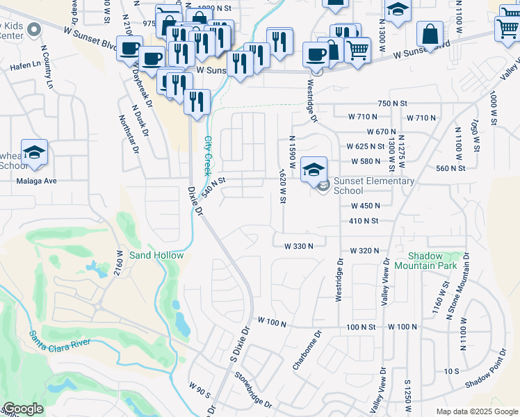 map of restaurants, bars, coffee shops, grocery stores, and more near 1735 West 540 North in St. George