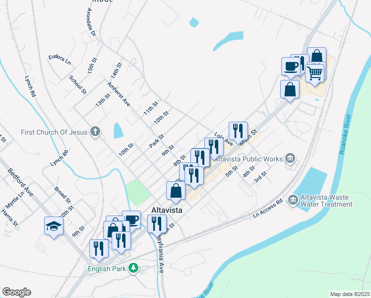 map of restaurants, bars, coffee shops, grocery stores, and more near 1008 8th Street in Altavista