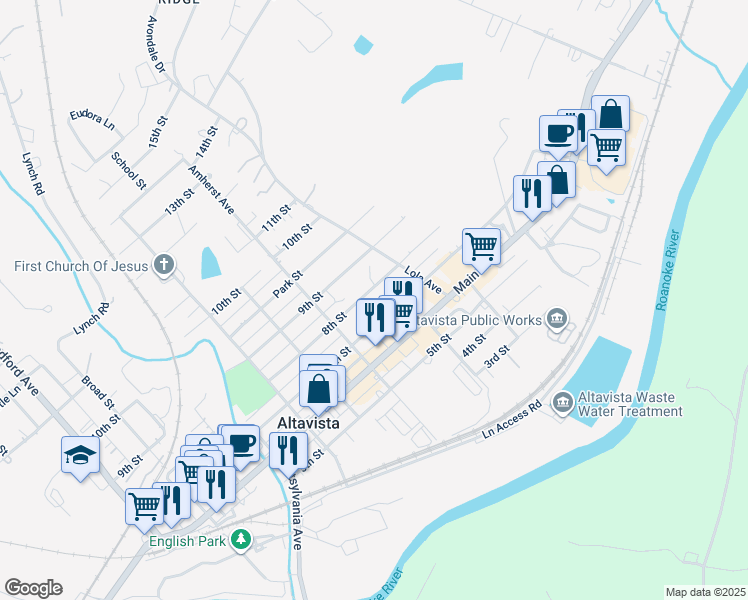 map of restaurants, bars, coffee shops, grocery stores, and more near 1017 8th Street in Altavista