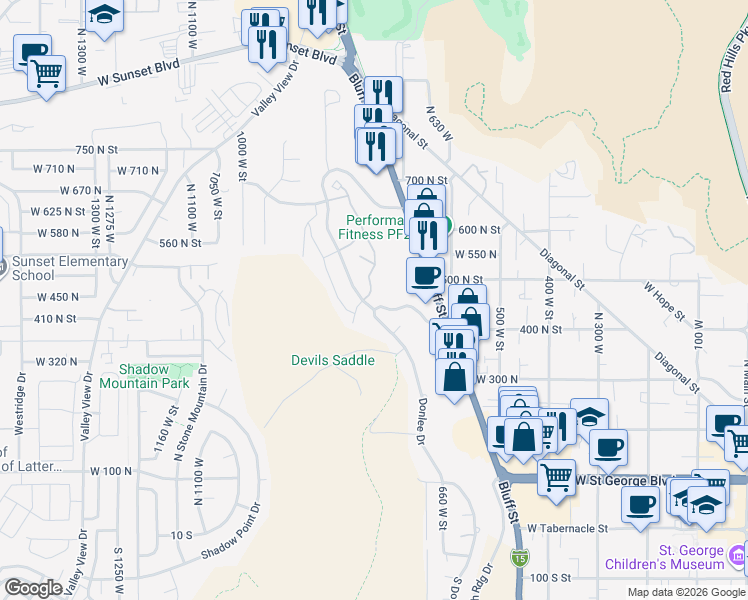 map of restaurants, bars, coffee shops, grocery stores, and more near 446 Ridgeview Drive in St. George
