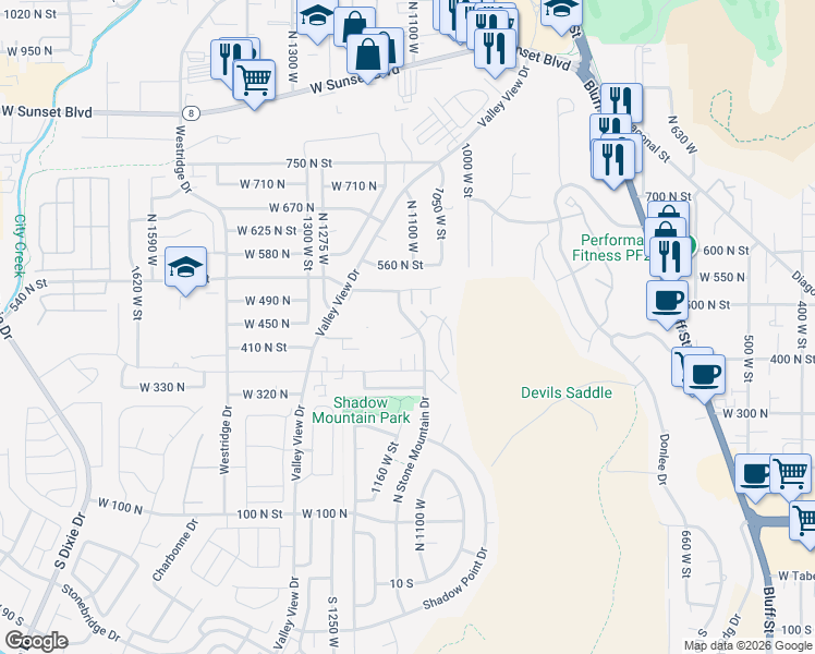 map of restaurants, bars, coffee shops, grocery stores, and more near 435 Stone Mountain Drive in St. George