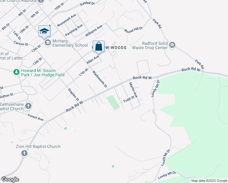 map of restaurants, bars, coffee shops, grocery stores, and more near 1800 Smith Avenue in Radford
