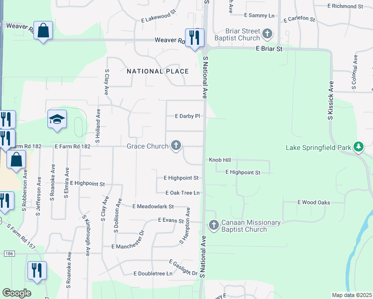 map of restaurants, bars, coffee shops, grocery stores, and more near 5412 South Hampton Avenue in Springfield