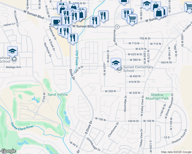 map of restaurants, bars, coffee shops, grocery stores, and more near 1735 West 540 North in St. George