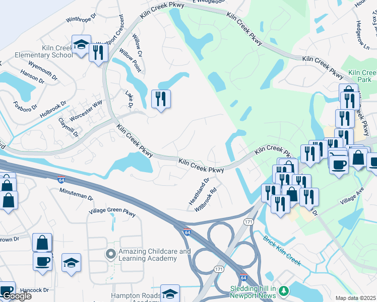 map of restaurants, bars, coffee shops, grocery stores, and more near 910 Prestige Court in Newport News