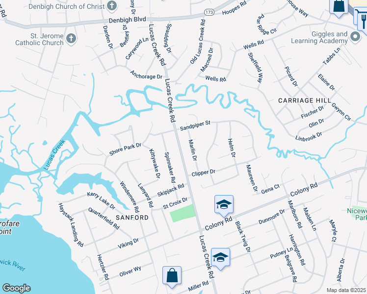 map of restaurants, bars, coffee shops, grocery stores, and more near 517 Marlin Drive in Newport News
