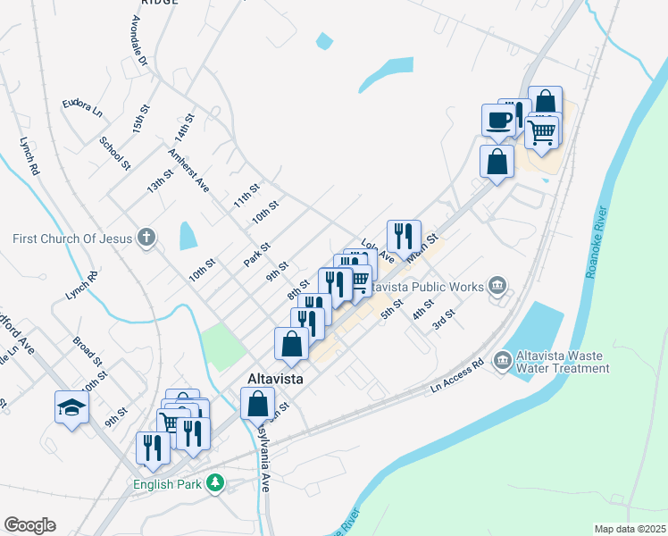 map of restaurants, bars, coffee shops, grocery stores, and more near 1017 8th Street in Altavista