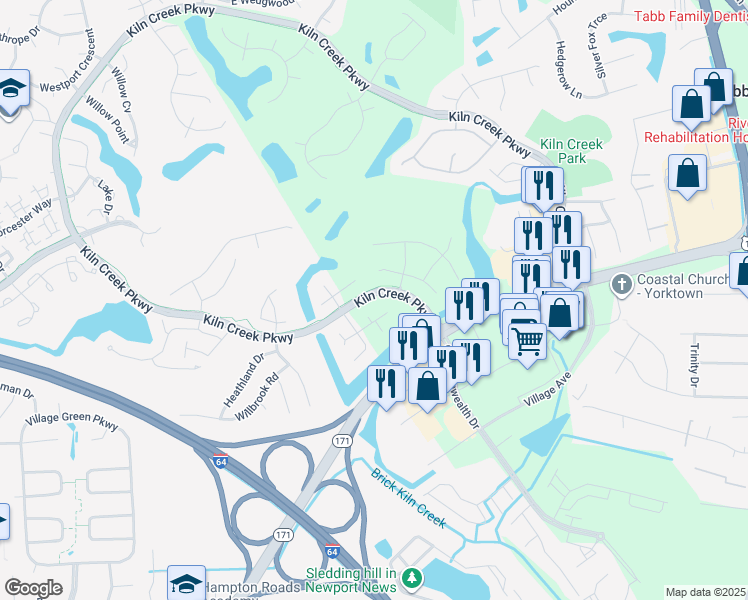 map of restaurants, bars, coffee shops, grocery stores, and more near 822 Grand Bay Cove in Newport News