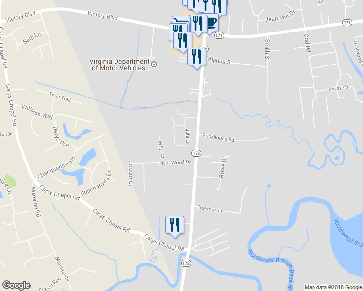 map of restaurants, bars, coffee shops, grocery stores, and more near 204 Villa Drive in Poquoson