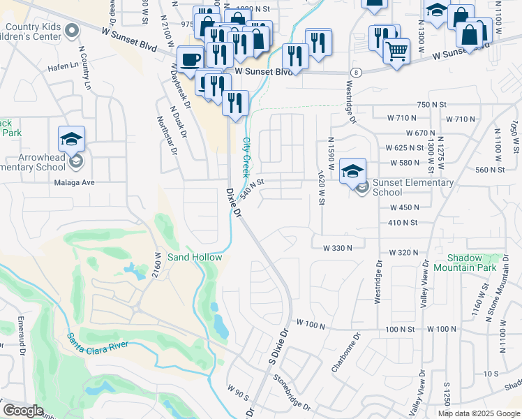 map of restaurants, bars, coffee shops, grocery stores, and more near 1735 West 540 North in St. George