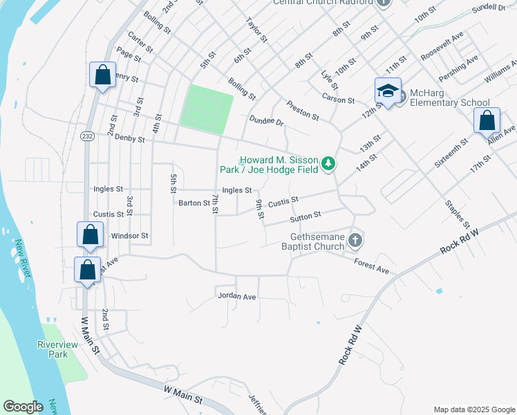 map of restaurants, bars, coffee shops, grocery stores, and more near 899 Custis Street in Radford