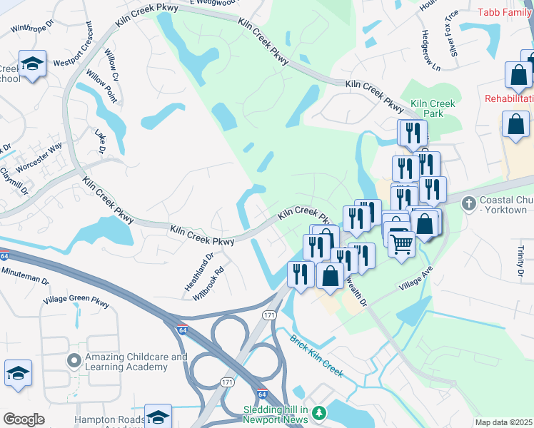 map of restaurants, bars, coffee shops, grocery stores, and more near 800 North Lismore Court in Newport News