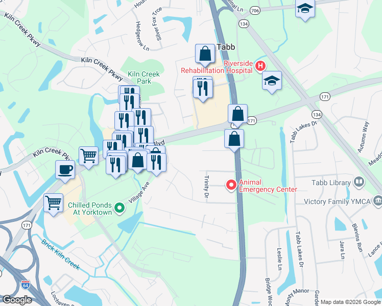 map of restaurants, bars, coffee shops, grocery stores, and more near 120 Byrd Lane in Yorktown