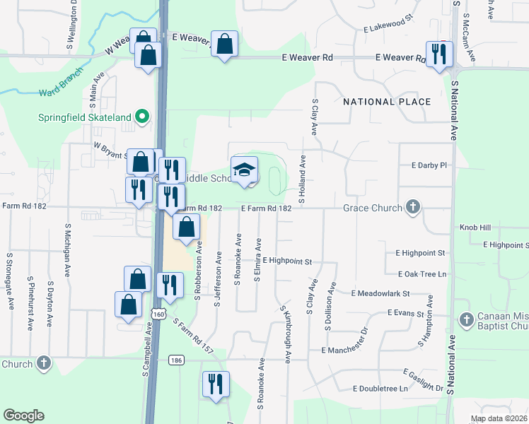 map of restaurants, bars, coffee shops, grocery stores, and more near 5407 Elmira in Springfield