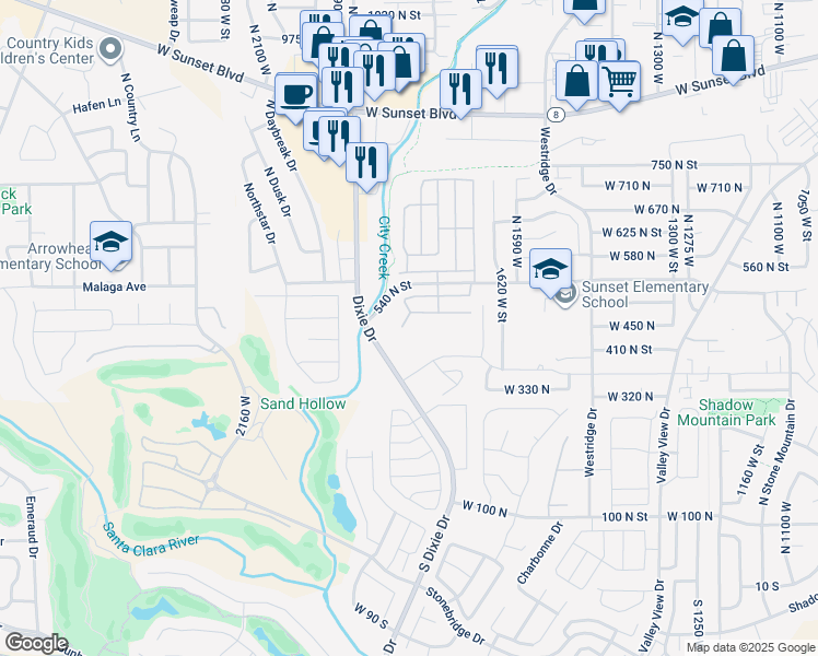 map of restaurants, bars, coffee shops, grocery stores, and more near 1841 West 540 North in St. George