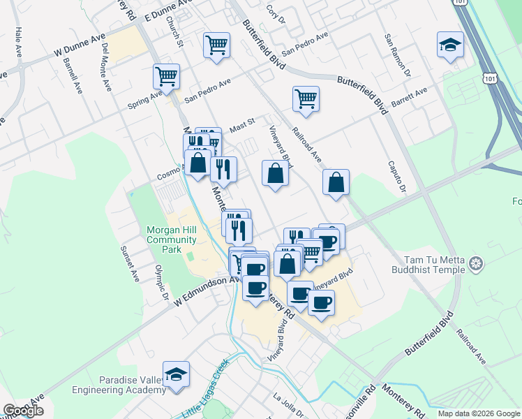 map of restaurants, bars, coffee shops, grocery stores, and more near 16195 Church Street in Morgan Hill