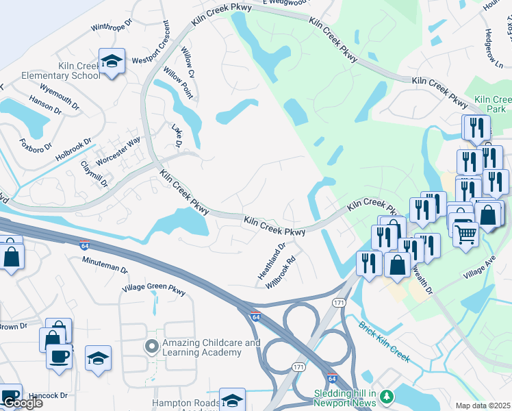 map of restaurants, bars, coffee shops, grocery stores, and more near 910 Prestige Court in Newport News