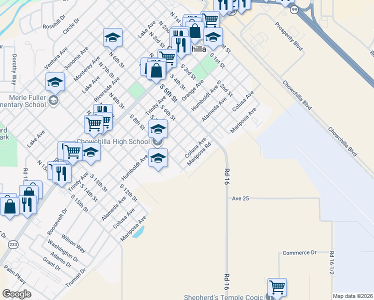 map of restaurants, bars, coffee shops, grocery stores, and more near 620 Colusa Avenue in Chowchilla
